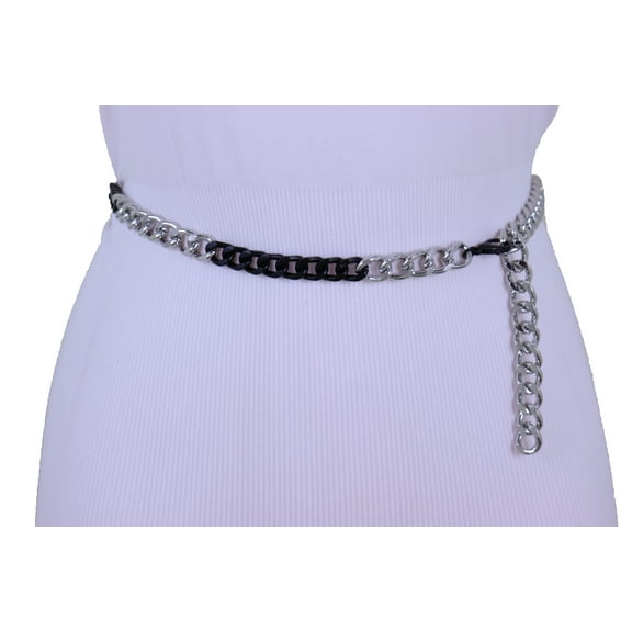 Women Belt Skinny Waistband Black Silver Metal Chain Plus Size XL XXL