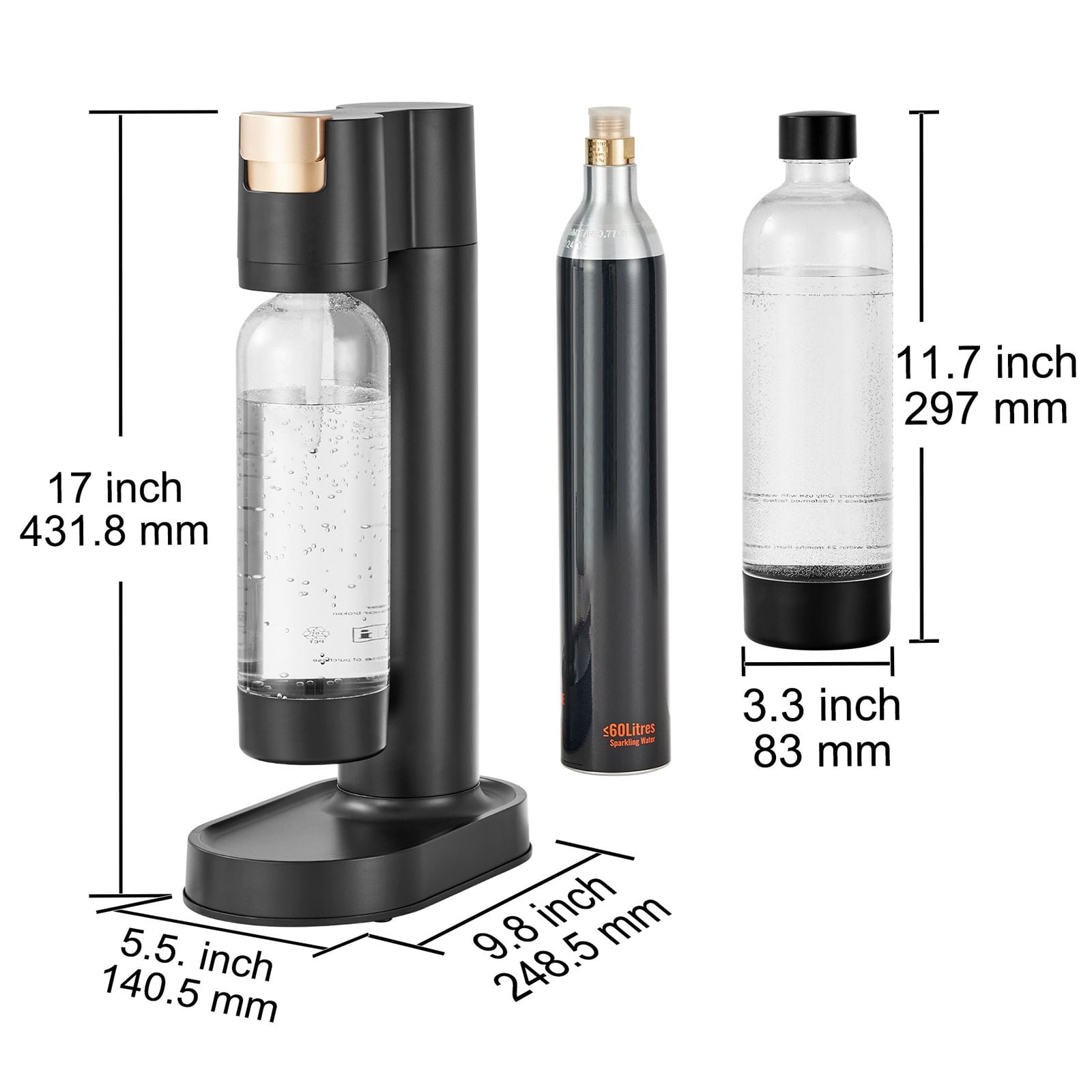 Sparkling Water Maker with 60L CO2 Cylinder, 2 x 1L PET Bottles, 3-Second Carbonation, Automatic Pressure Release for Home Soda Drinks