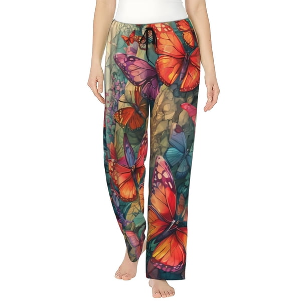 Fotbe Butterflies On Rocky Cliff Pantalones de Pijama para Mujer, Pantalones de Dormir, Pantalones Pj con Cordón y Bolsillos-Medium