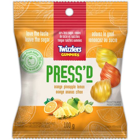 Twizzlers Press d Fruit Gummies  Orange  Pineapple & Lemon Flavors  100g/3.5 oz.  Bag {Imported from Canada}