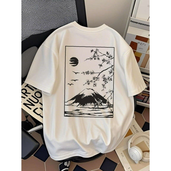 PRIVATHINKER Men's Oversized Japanese Landscape Print T-Shirt - 100% Cotton Y2K Harajuku Streetwear Tee with Cherry Blossoms, Mount Fuji & Crane Design, Dark Blue & Pink Casual Summer Short Sleeve