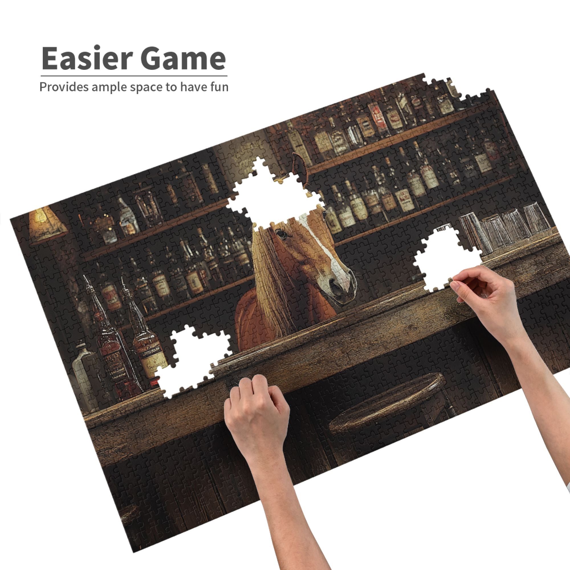 1000 pcs The horse in the tavern Wooden Puzzles 1000 Piece,whimsical Jigsaw Pieces,Funny Animal Art horse in the tavern Charm Puzzle 1000 Piece,Gift for Puzzle & Animal Lovers,Stress relieving puzzle