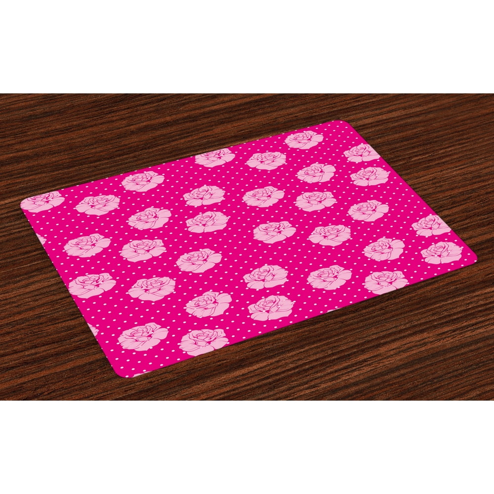 Hot Pink Placemats Set of 4 Vintage Pale Pink Roses on White Dotted Hot
