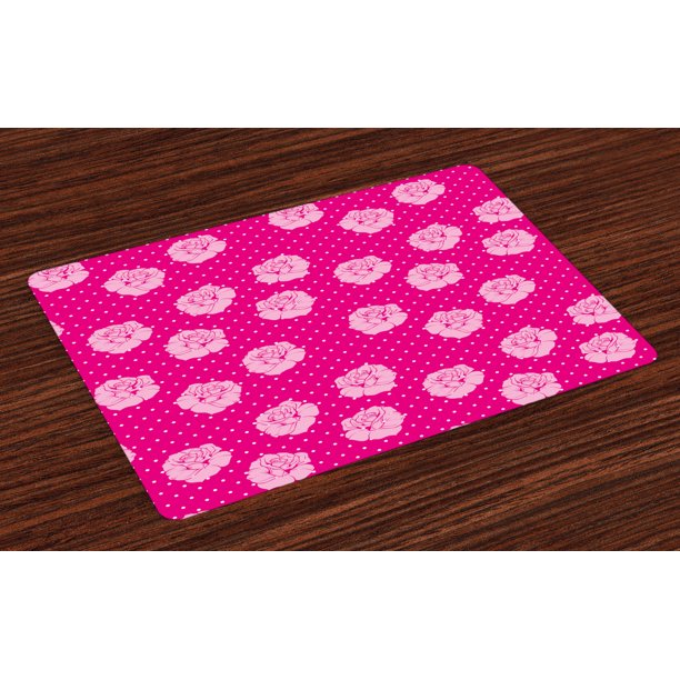 Hot Pink Placemats Set of 4 Vintage Pale Pink Roses on White Dotted Hot
