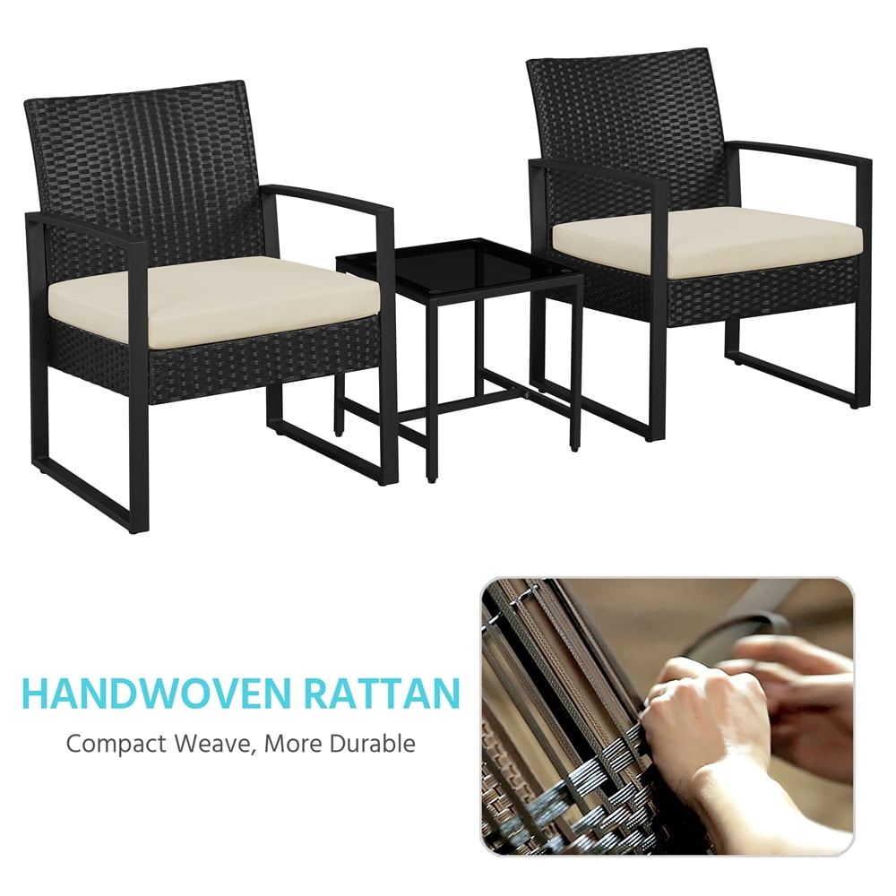 Yaheetech 3-piece Patio Set 2 Rattan Chairs & Table with Cushions, Black/Beige