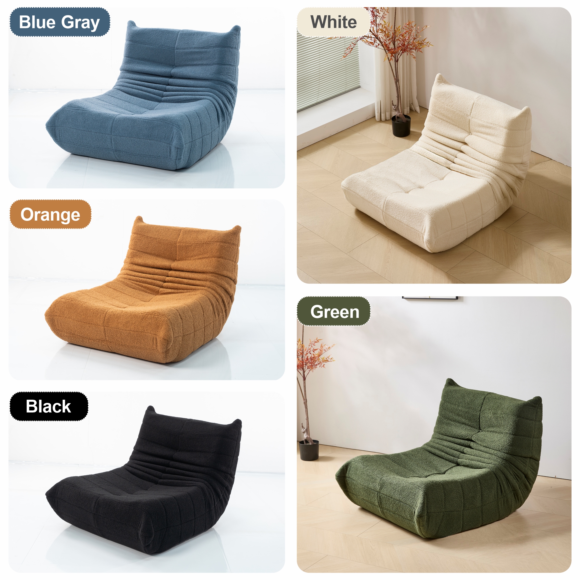 Evita Teddy Fabric Blue Gray Bean Bag Chair with Ottoman, Memory Foam Lounge Chair for Adults, Ergonomic Floor Seating Sofa for Living Room or Bedroom