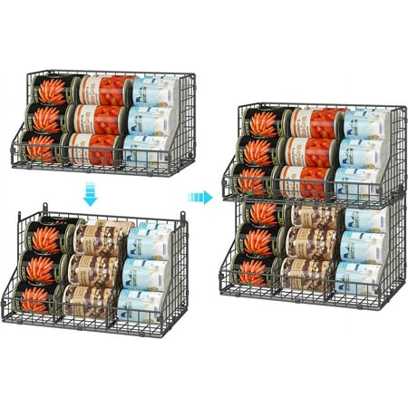 2 Pack Stackable Can Rack Organizer for Pantry Storage Can Dispensers with 4 Adjustable Dividers 2-Tier Metal Wire Basket Beverage Pop Soda Rack for Kitchen Cabinet Pantry Black