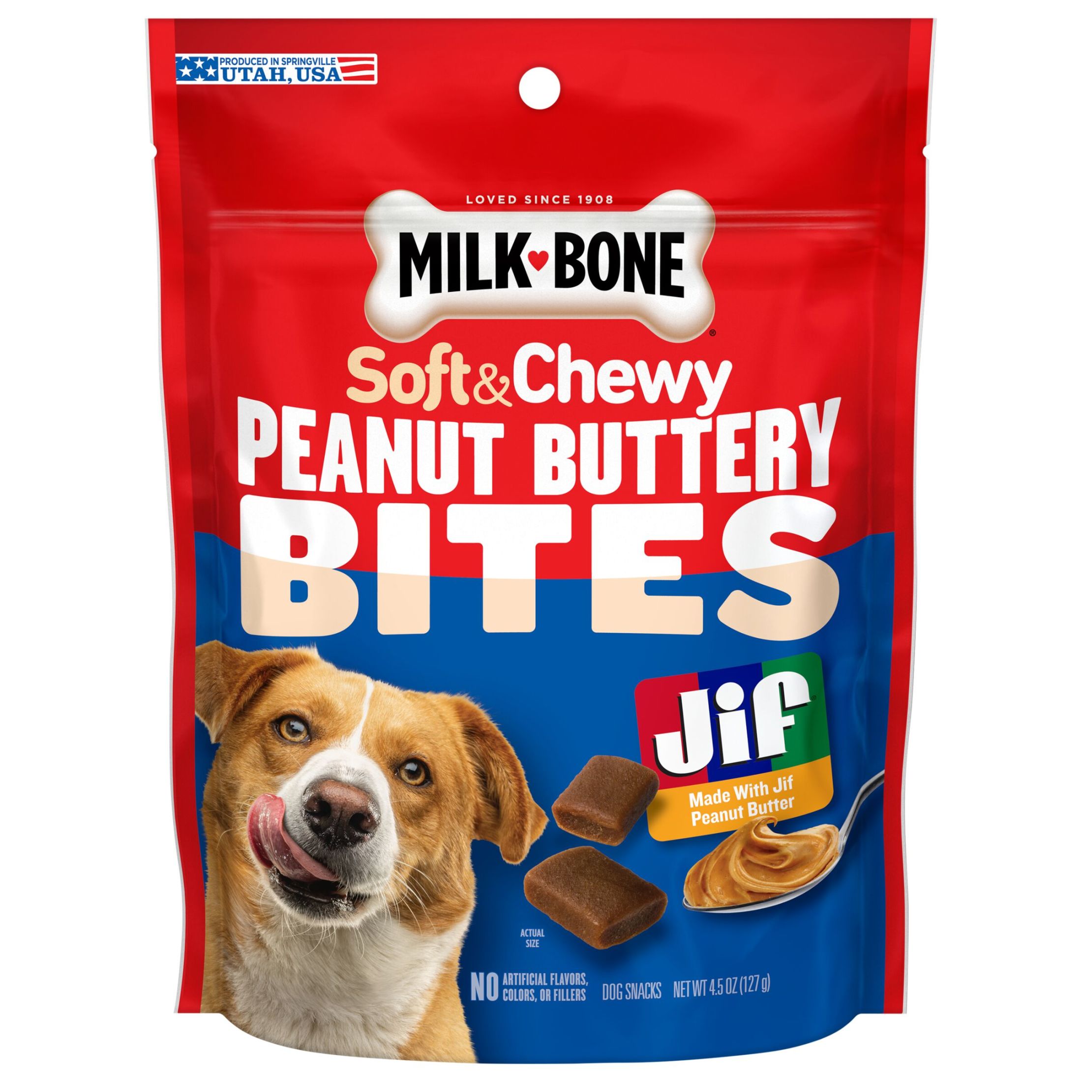 Milk Bone Peanut Buttery Bites, Soft Dog Treats With Jif Peanut Butter, 4.5 oz Bag