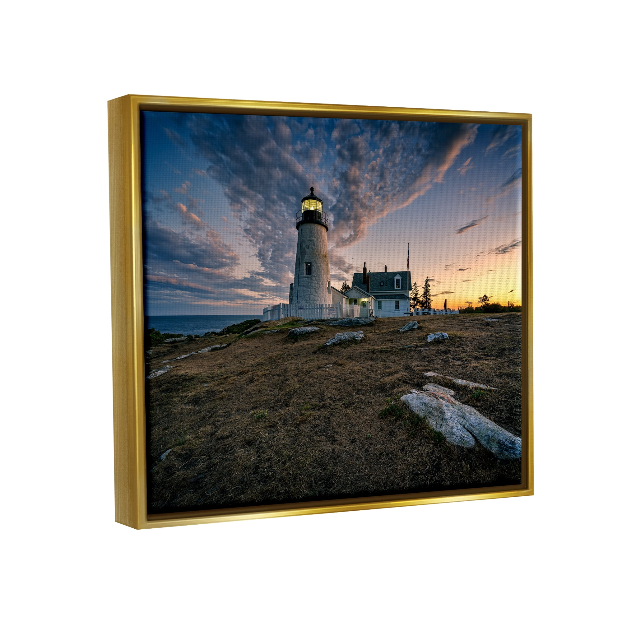 Stupell Maritime Lighthouse Clouds Landscape Landscape Photography Gold Floater Framed Art Print Wall Art