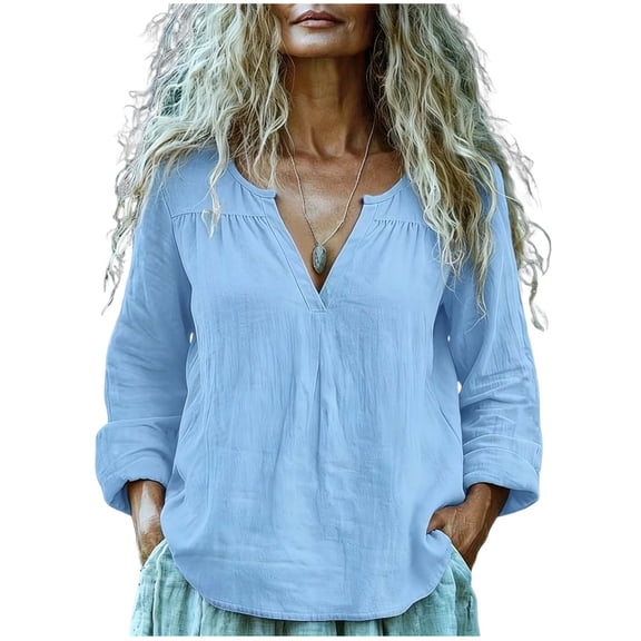 Babcutegg Cotton Linen Shirts for Women Sleeve Summer Light Basic Tops Soild Color Breathable Womens Summer Spring Tee Light Blue Size 2XL