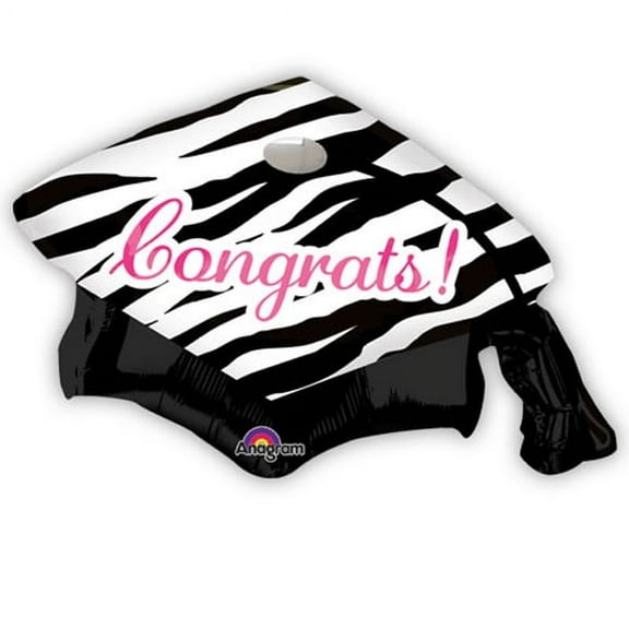 Anagram Congrat Princess Grad Cap Zebra Print 32" Foil Balloon, Black White Pink