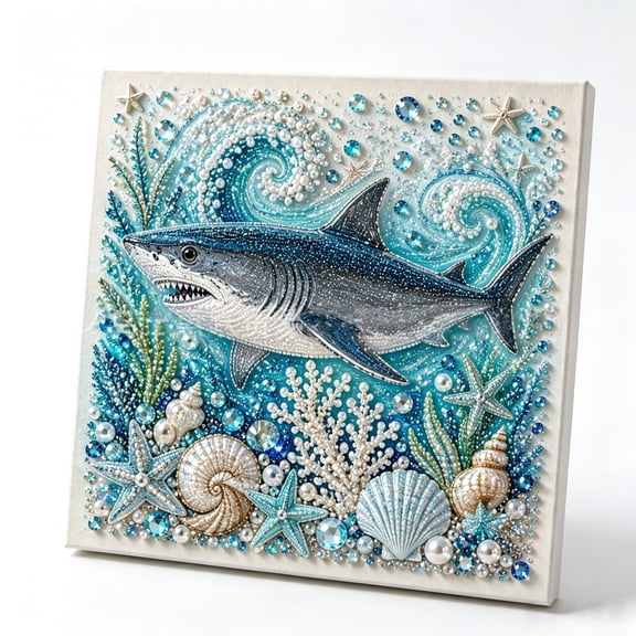 Ocean Theme Pearl Art DIY Kit, 3D Sparkling Coastal Wall Decor,3D Shark Diamond Painting Craft, Sea Themed Artwork Set for Adults & Beginners, Ocean Lover Gift