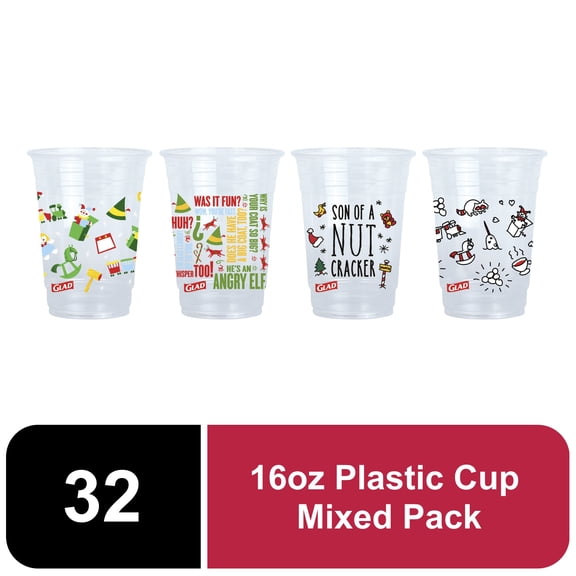 Glad Elf Holiday Printed Plastic Cup Mixed Pack 16oz 32 Count