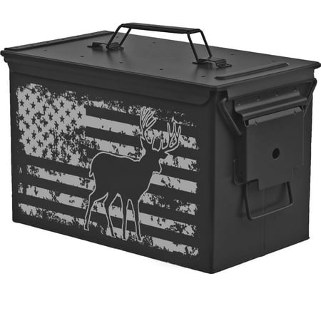 Steel Ammo Can Storage Box Ammunition Case USA Deer American Flag Hunting (50cal Black)