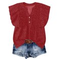thumbnail image 1 of Tops de Color Sólido para las Mujeres Blusas de Cuello en V Manga Corta Plisada, Botón de Moda Casual, 1 of 7