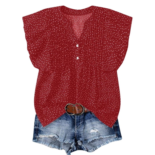 Tops de Color Sólido para las Mujeres Blusas de Cuello en V Manga Corta Plisada, Botón de Moda Casual