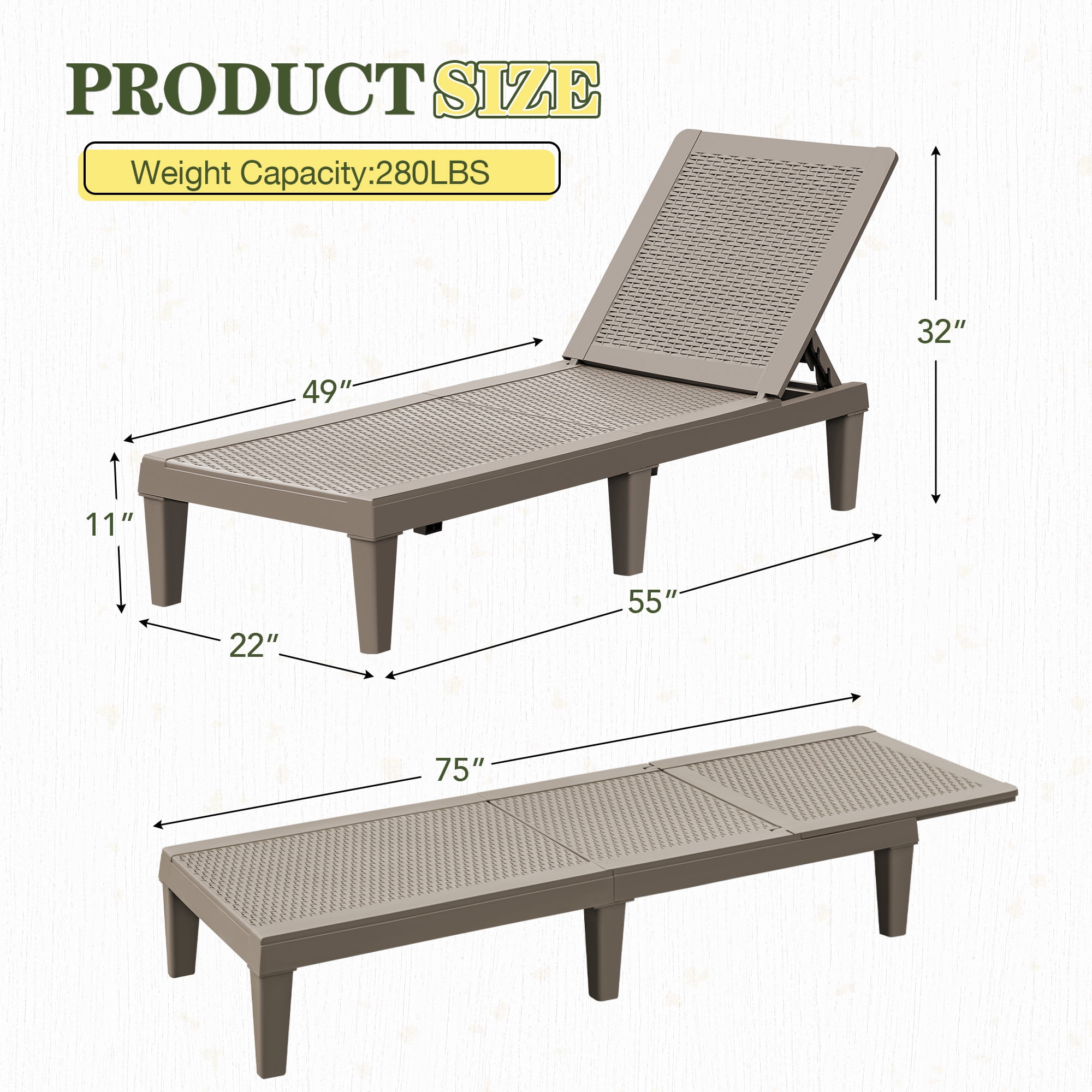 Vineego Set of 2 Patio Outdoor Chaise Lounge Chair Recliner with Adjustable Backrest, Light Taupe