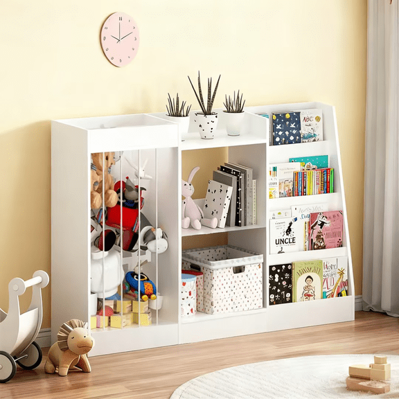Kids Bookshelf and Toy Storage, 3-Tier Sling Bookcase with Stuffed Animal Storage, Montessori Toddler Bookshelf for Nursery Playroom Kindergarten (White)
