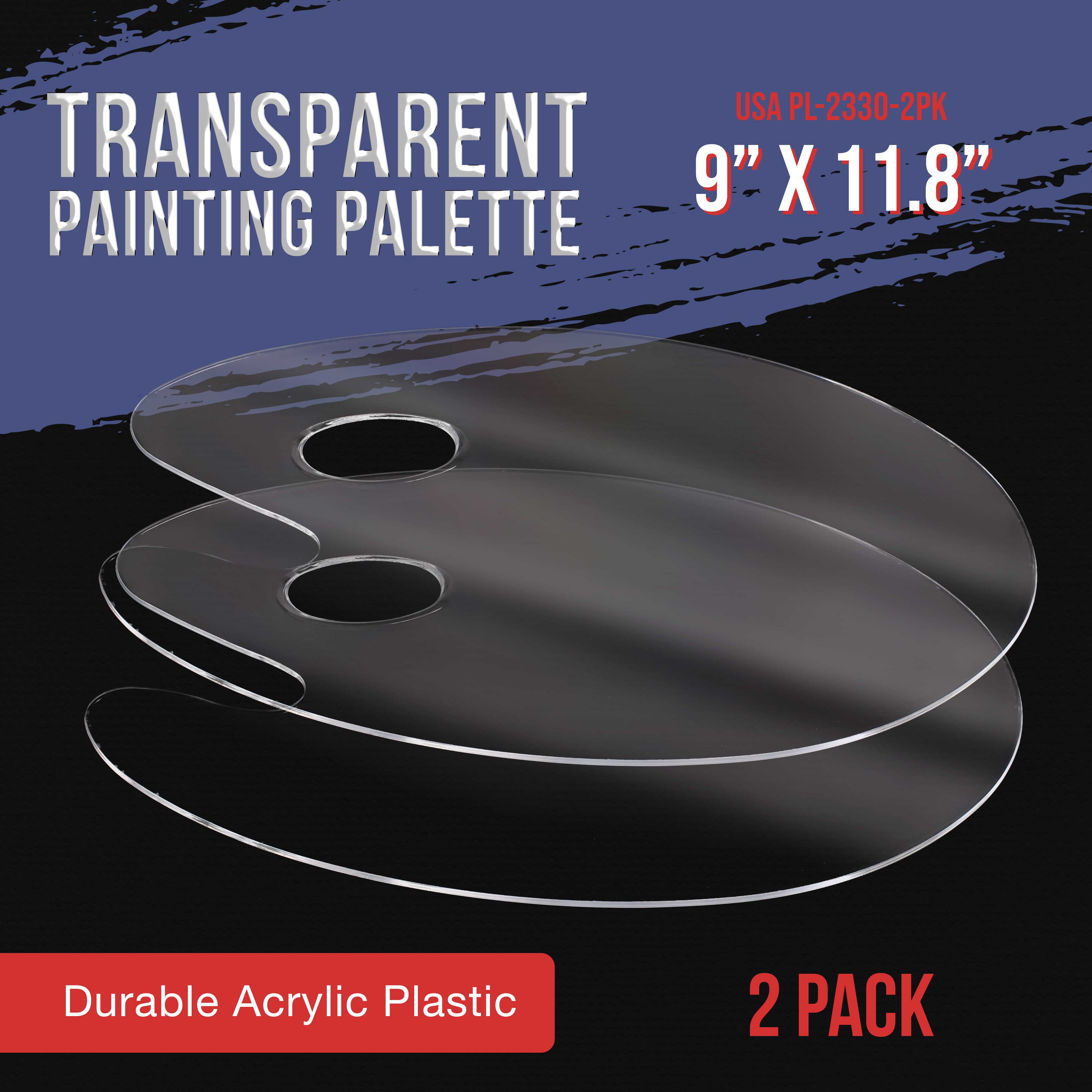 Acrylic Paint Palette 2pcs 11.8 x 7.9 inches with Thumb Hole by DUGATO,  Clear Oval-Shaped Non-Stick Acrylic Oil Paint Mixing Tray- Comfortable to  Hold