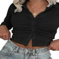 thumbnail image 1 of PENGXIANG Women Close-fitting Blouse Solid Color Turn-down Collar Long Sleeve Crop Tops, 1 of 5