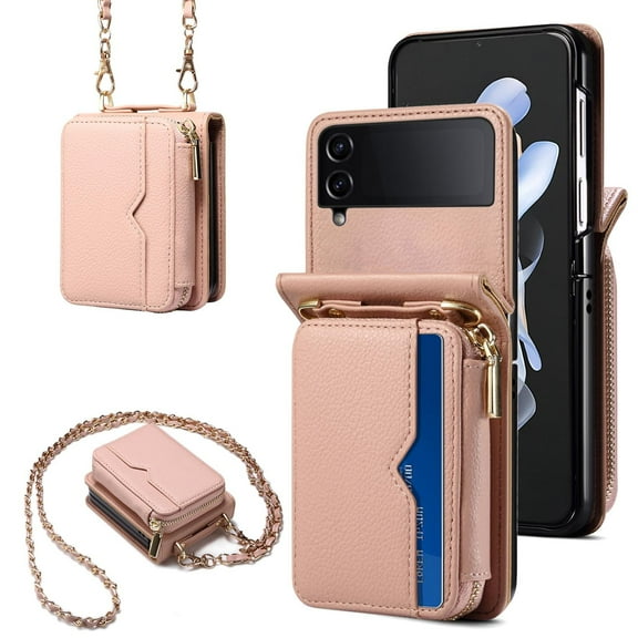 Allytechgroup Zipper Wallet Phone Case for Samsung Galaxy Z Flip 3, with Stylish Crossbody Strap Cards Slots RFID Blocking Shockproof Protective Luxury Case for Girls Women, Pink