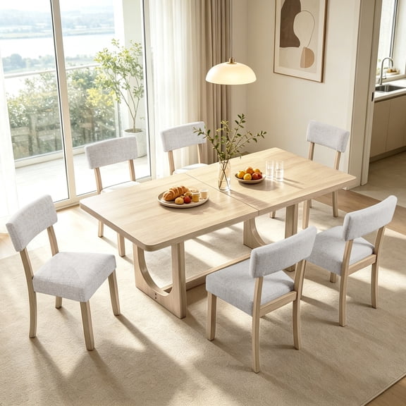 7 Piece Dining Table Set, 68" Light Oak Wooden Table with 6 Linen Upholstered Chairs, U-Shaped Base