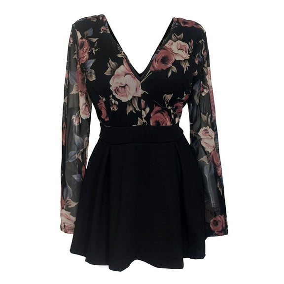 eVogues Plus size Lace Overlay Romper Dress Black Floral Print 1915