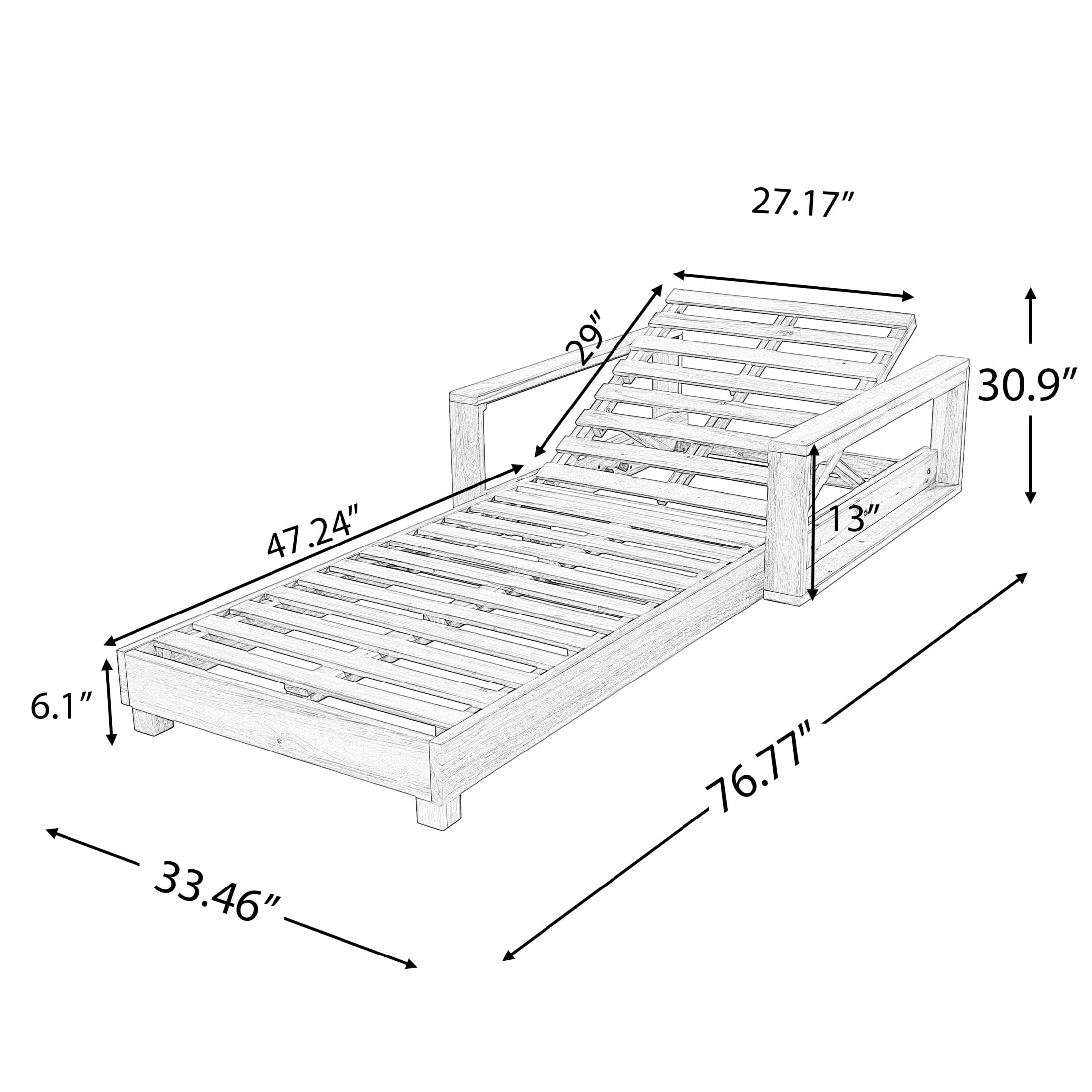 Christopher Knight Home 76.77" Outdoor Chaise Lounge Frame with Armrests, Adjustable Backrest, Light Natural