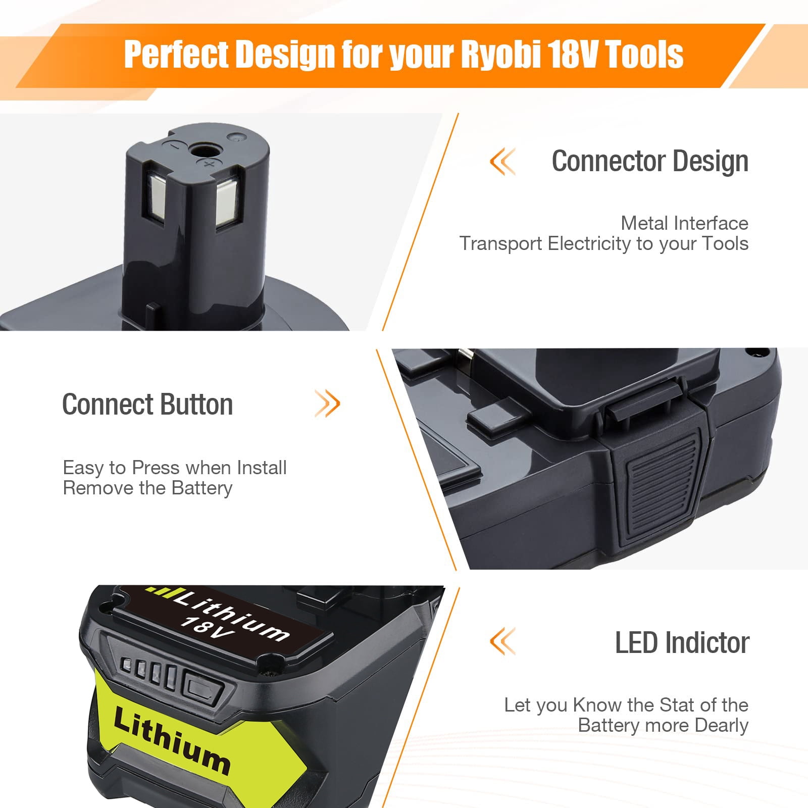 DASNITE 8.0Ah Battery Replacement for Ryobi 18V Battery, 18 Volt Lithium ion Batteries for Ryobi One 18V Cordless Tools P108 P107 P105 P104 P103 P102,4 Packs