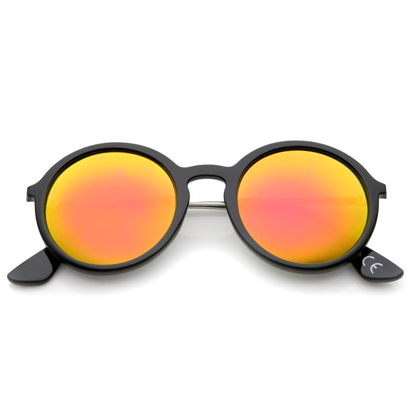 sunglassLA Unisex Mid Sized Modern Metal Temple Mirror Lens Round Sunglasses (Black-Silver / Magenta Mirror) - 49mm