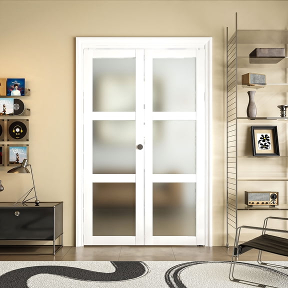 36" x 80" White 3-Lite Frosted Glass Double Doolr Solid Manufactured Wood Bi-Fold Doors With Installation Hardware Kit