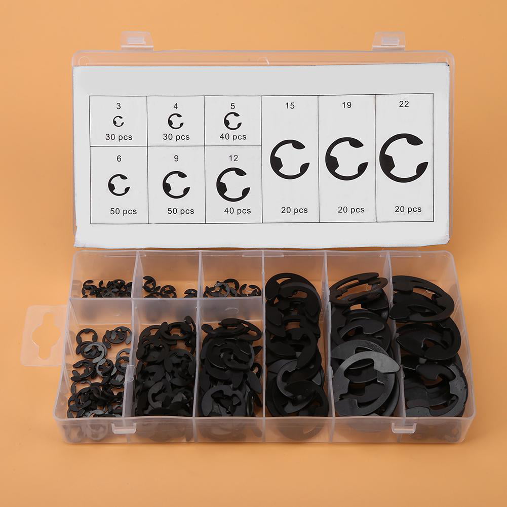 Ladieshow 300pcs Black Metal E-Clip E-ring Shaft Retaining Rings Assortment 3mm-22mm with Box Easy to Use