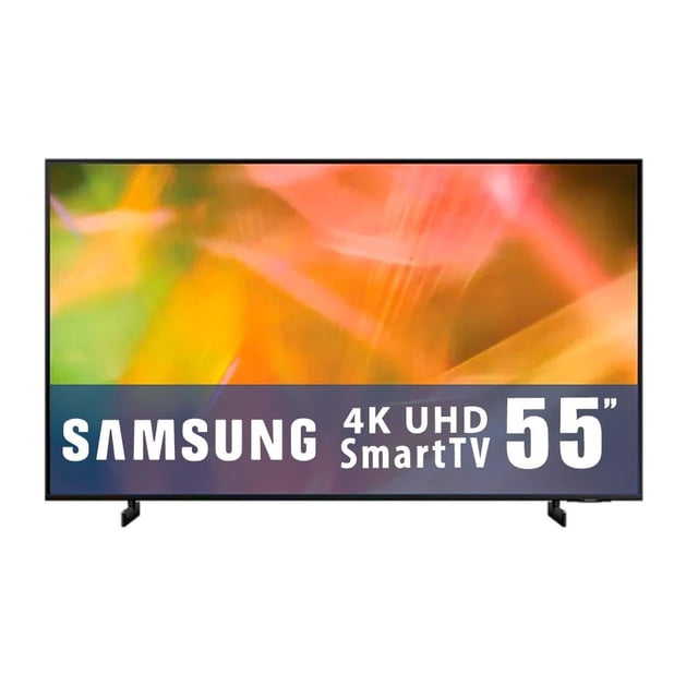 TV Samsung 55 Pulgadas 4K Ultra HD Smart TV LED UN55AU8000FXZX con pantalla LED negra de marco delgado y soporte lateral, Dynamic Crystal Display para colores y contraste optimizados, compatible con Google Assistant y Bluetooth para control por voz y conexión inalámbrica, HDR para detalles claros y Motion Xcelerator para imágenes fluidas en deportes y videojuegos, ideal para quienes buscan calidad visual y control inteligente.