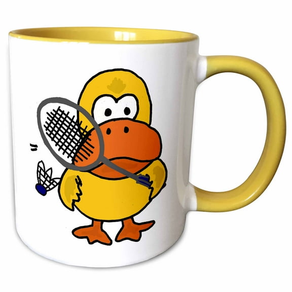 3drose, Funny Cute Yellow Duck Playing Badminton, 11oz Two-tone Yellow Mug