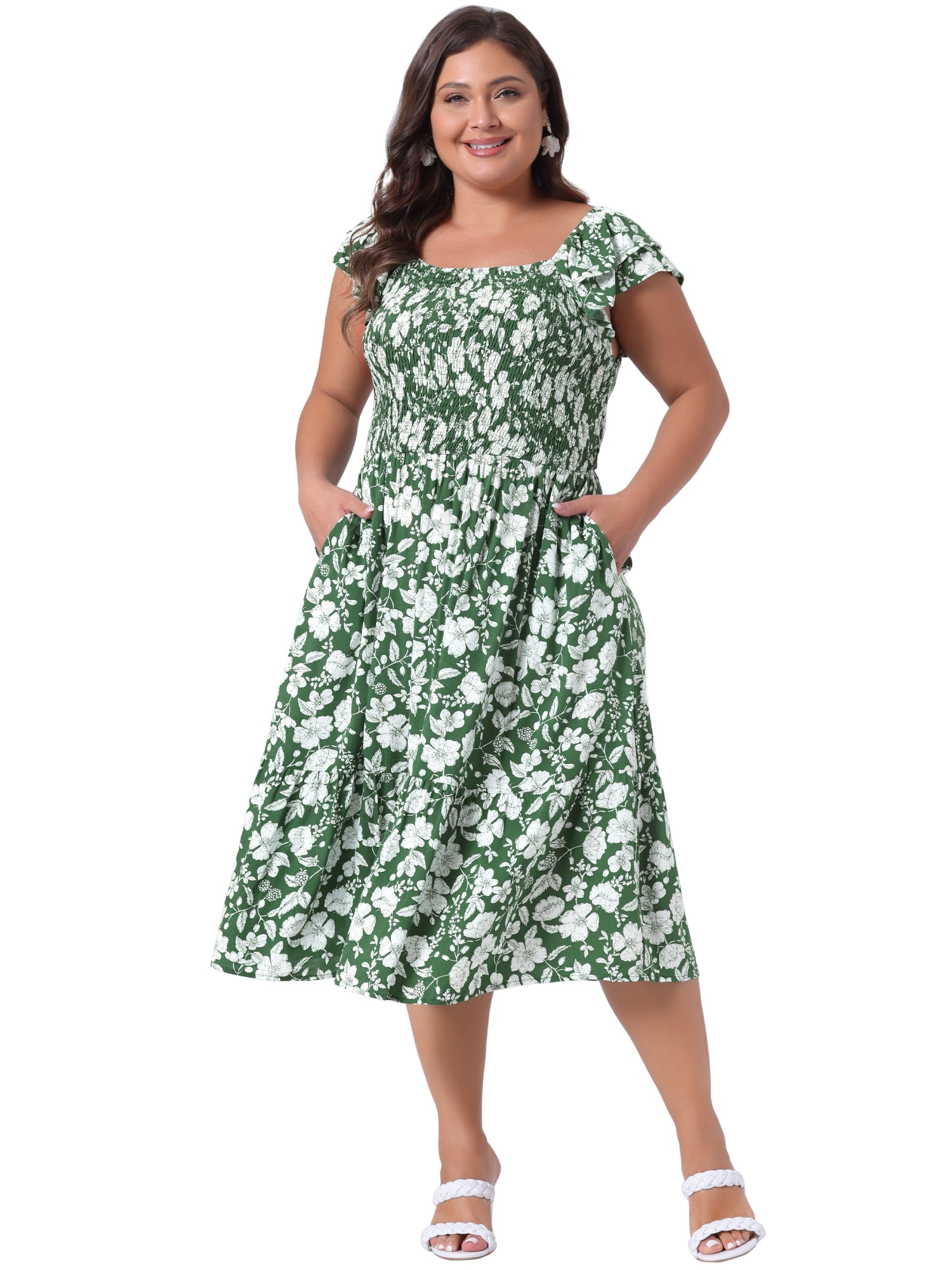 DARING DIVA Plus Size Square Neck and Flutter Sleeves Dress 4X Green