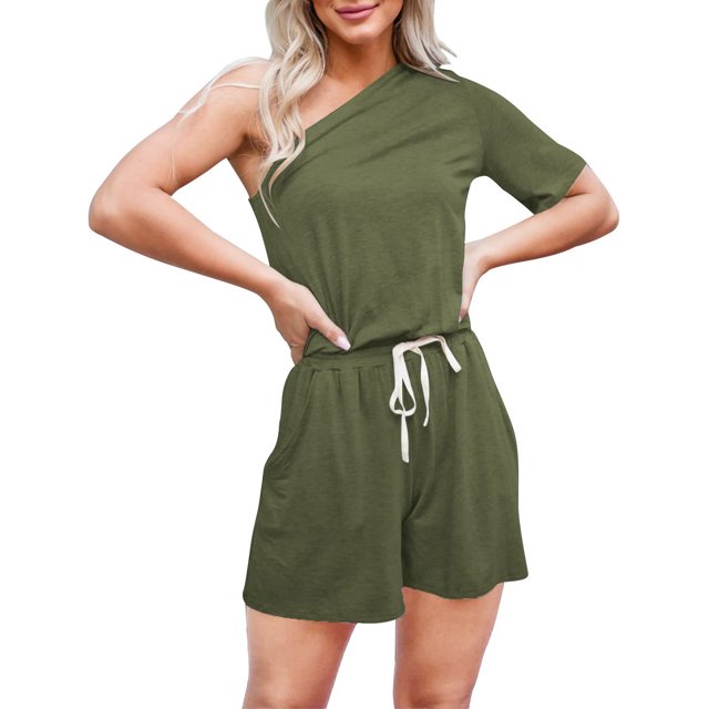 Mamelucos con cordón de cintura elástica de un hombro para mujer mono de verano de manga corta con bolsillos Fridja fhjkhfk460491