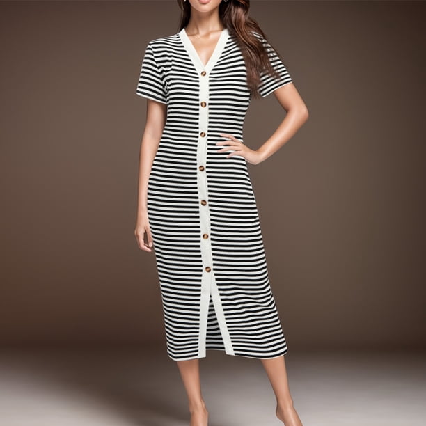 WILLBEST Vestidos Casuales Para Mujer Con Curvas Vestidos Casuales De Verano Para Mujer Vestidos Midi De Rayas De Manga Corta Vestidos De Punto Acanalado Con Botones Decorativos Vestidos De Fiesta
