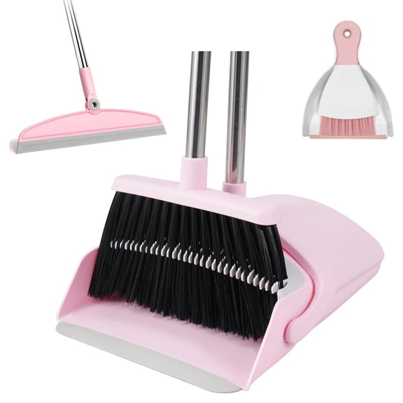 3-in-1 Multi-Surface Home and Desktop Cleaning System with Silicone Squeegee, Pink Broom and Dustpan Set