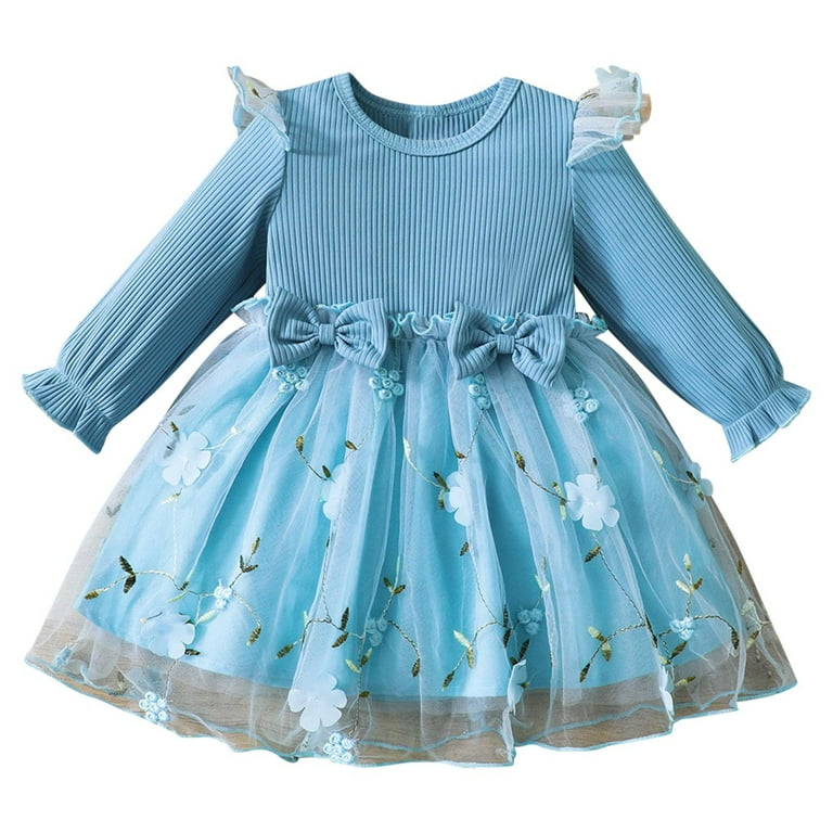 Cacommark Pi Nawent Toddler Girls' Dress Cotton Fashion Bow Embroidered Mesh Splicing Lace Sleeve Long Sleeve Round Neck Dress Sky Blue 6 Months,