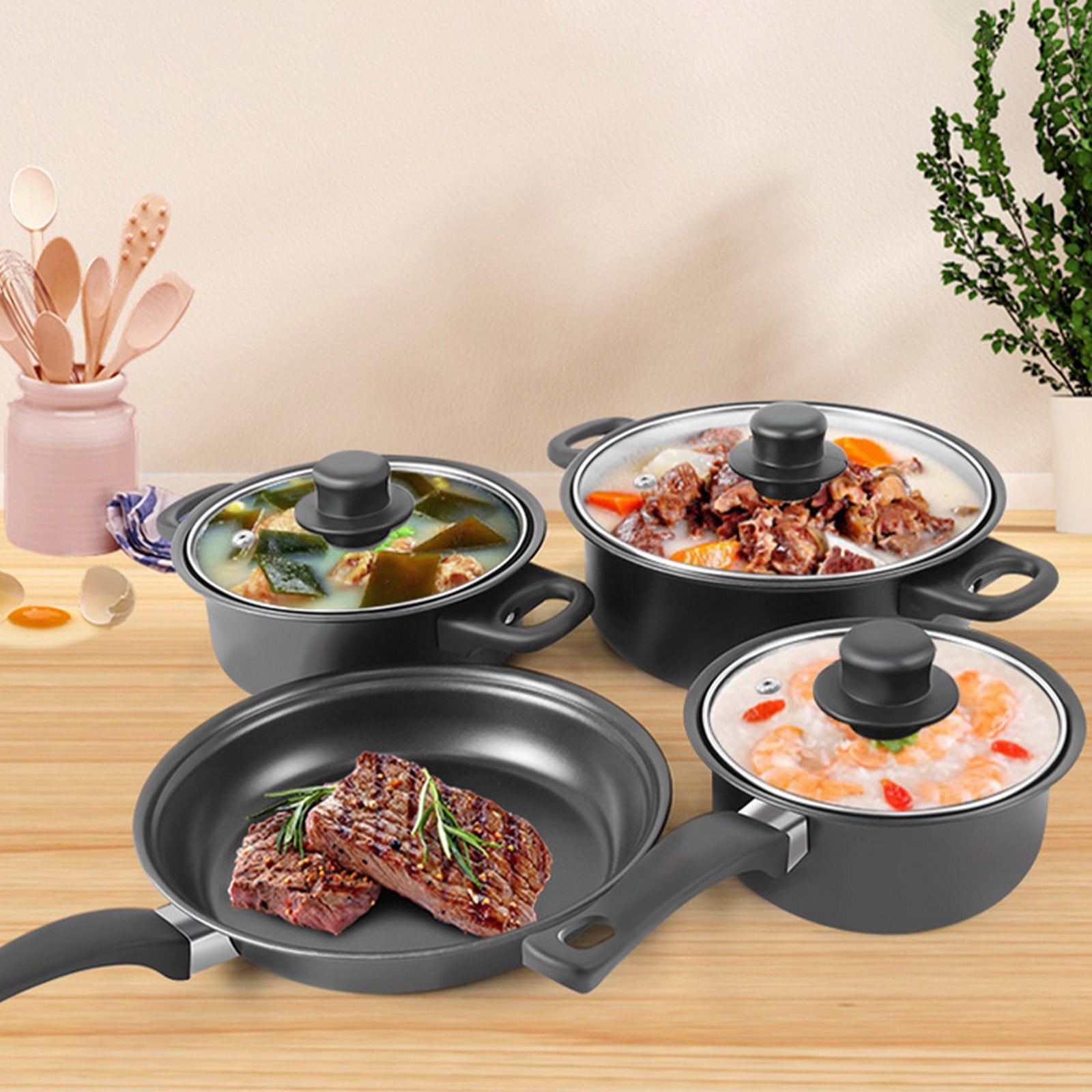 Oefntac Pots and Pans Set Non Stick Thirteen Piece Cookware Set Soup Pot Milk Pan Frying Pan Non-Stick Spatula Set Maifan Stoneware Multi-Piece Set