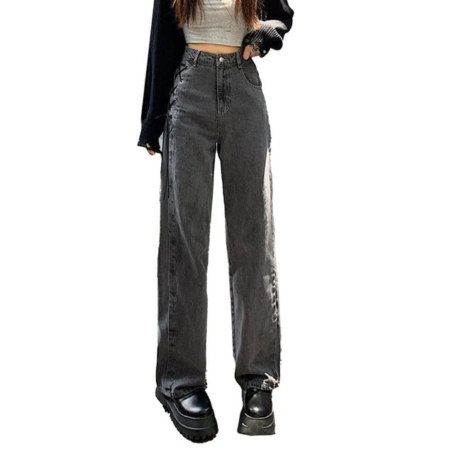 Pantalones de mezclilla sueltos con 3 bolsillos con cordones de un solo lado Pantalones de mezclilla casuales para mujer para uso diario