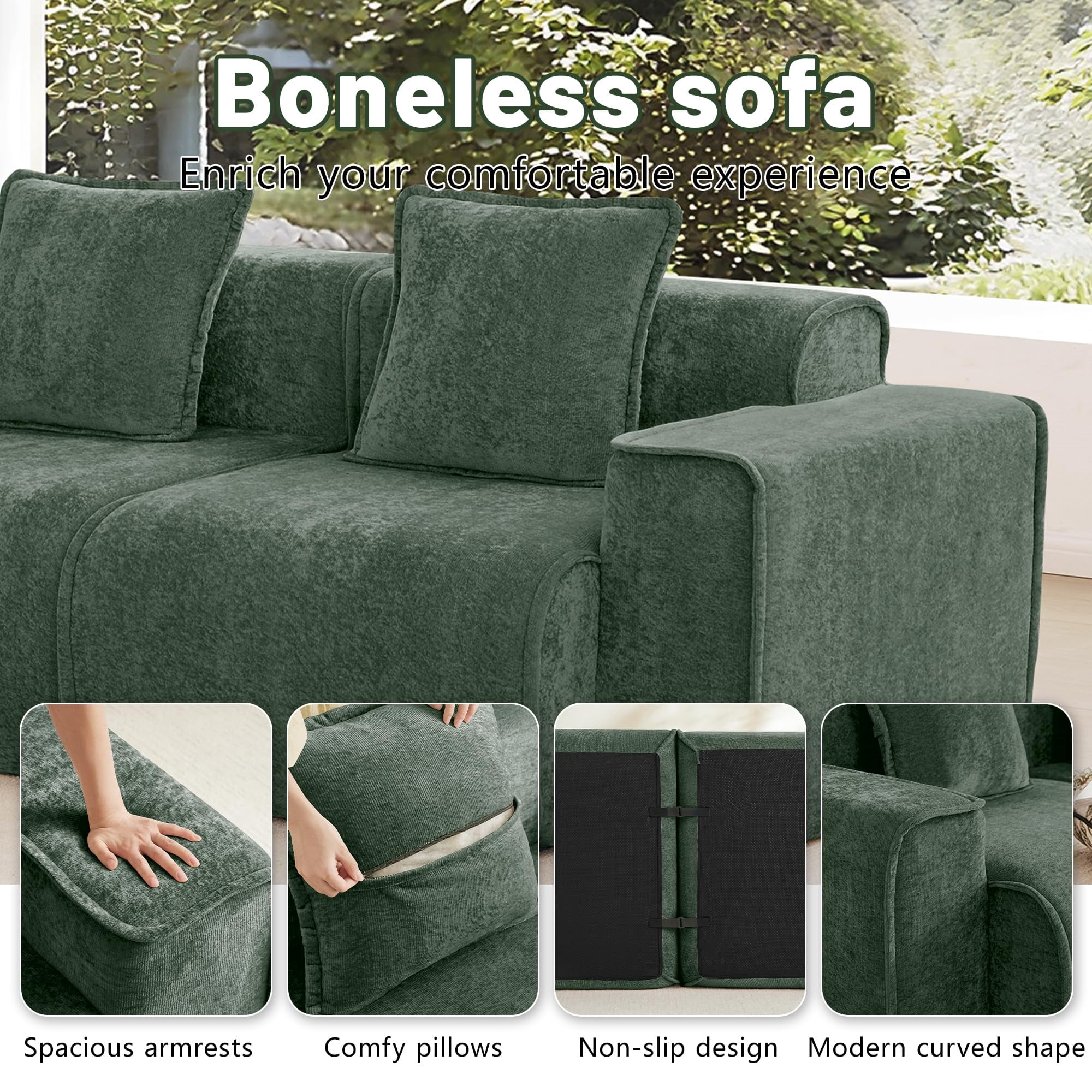 Aukfa 79" Boneless Couch Deep Seat Loveseat Cloud Sofa for Living Room Bedroom, 2 Pillows, Velvet, Green