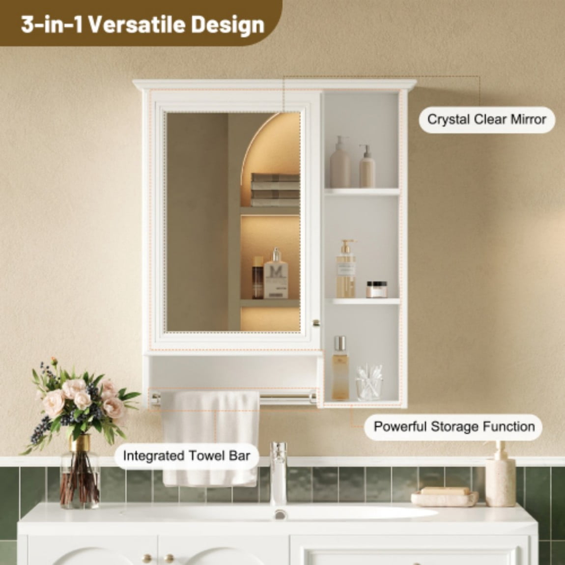 24" Wall Mounted Medicine Cabinet with Mirror, Bathroom Storage Cabinet with Adjustable Shelf, Soft Close Door & Towel Bar, Modern Over Toilet Organizer, White