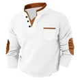 thumbnail image 2 of YNGKMEA Men's Waffle Sweatshirt Casual Knit Pullover Stylish Cozy Button V Neck Chest Pockets Long Sleeve Henley Shirts with Elbow Patches White L, 2 of 9