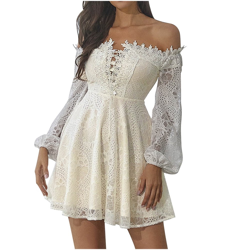Lovskoo Womens 2024 Off Shoulder Summer Lace Cocktail Swing Dress Lace Up Bubble Long Sleeve Wedding Guest Party A Line Midi Dress Olive Green