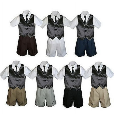 

4pc Set Boy Toddler Formal Black Vest and Necktie Brown Black Khaki Shorts S-4T