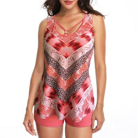 

Athletic Swimsuits For Women Women Plus Size Vintage Print Strappy Back Tankini Set Two Piece Swimdress Panty Bathing Suit Beachwear Cute Rompers for Women Sporty