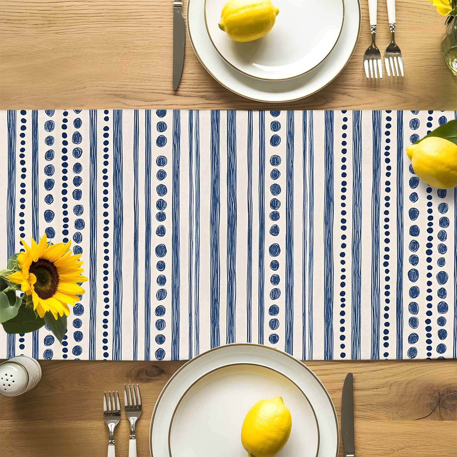 Modern Geometric Blue Stripe Dot Table Runner 90 Inches Long, Abstract Line Graffiti Beige Table Runners Tabletop Scarf Kitchen Dining Tables Decoration for Home Party Indoor Outdoor