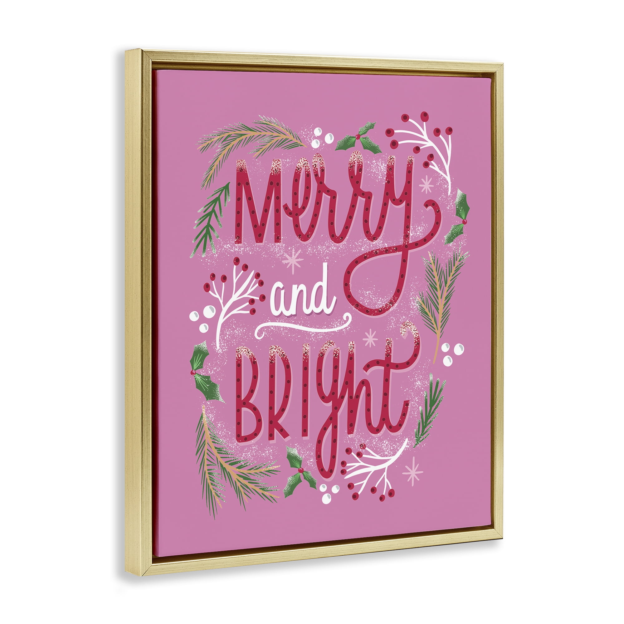 Stupell Industries Merry and Bright Pink Pine Holiday Painting Gold Floater Framed Canvas Art Prints Wall Art, 17 x 21