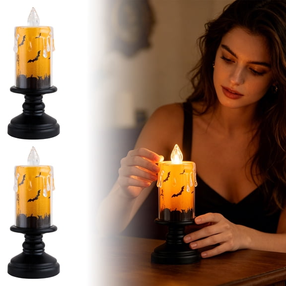 Halloween Flameless LED Candle Set of 2 with Holders, Battery Operated Halloween Candle Lamp for Tabletop Decor, Spooky Indoor Halloween Decoration
